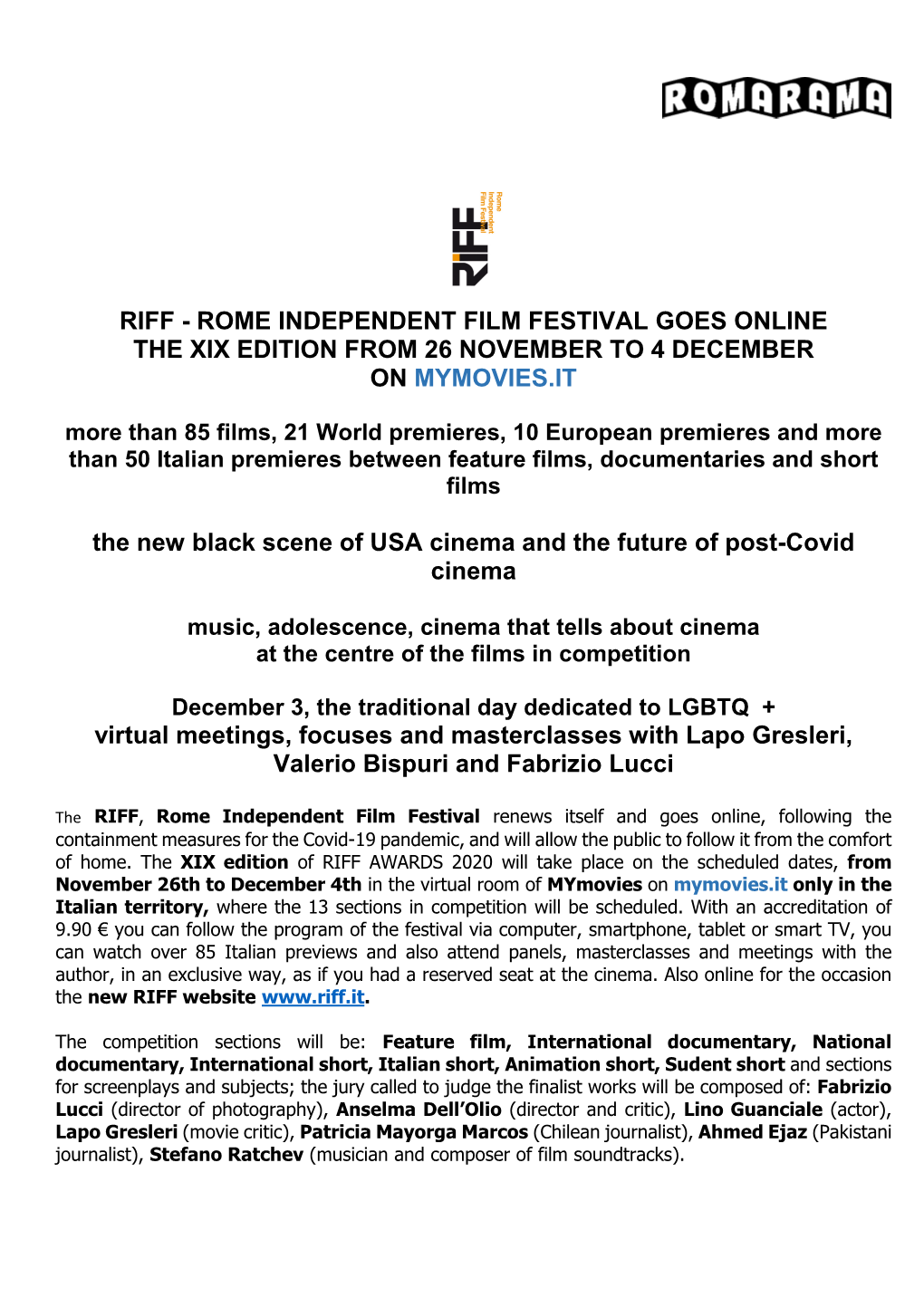 Riff - Rome Independent Film Festival Goes Online the Xix Edition from 26 November to 4 December on Mymovies.It