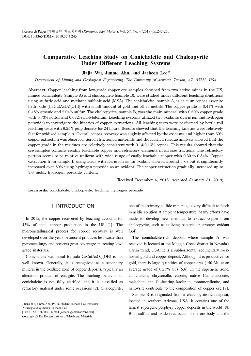 Comparative Leaching Study on Conichalcite and Chalcopyrite