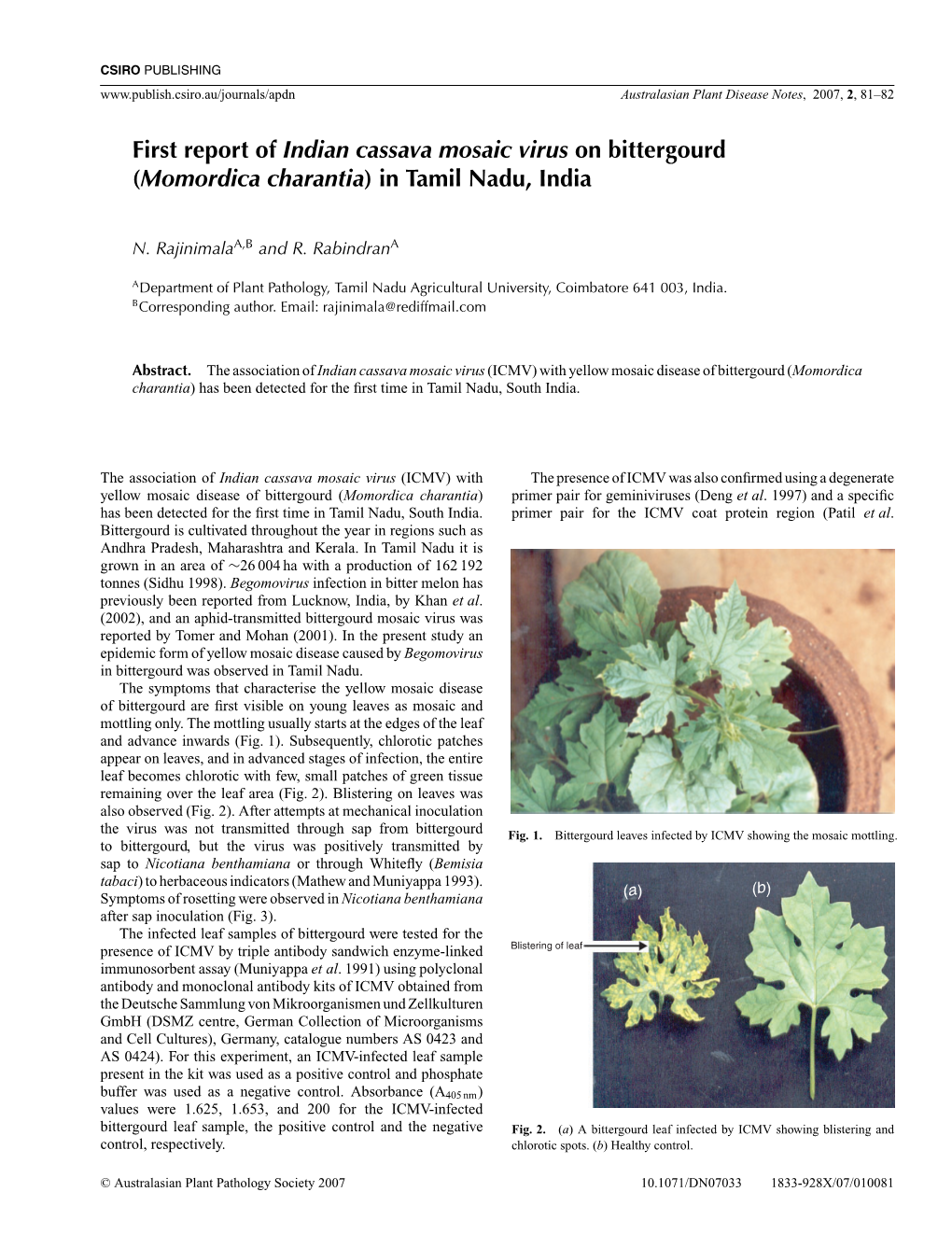 First Report of Indian Cassava Mosaic Virus on Bittergourd (Momordica Charantia) in Tamil Nadu, India