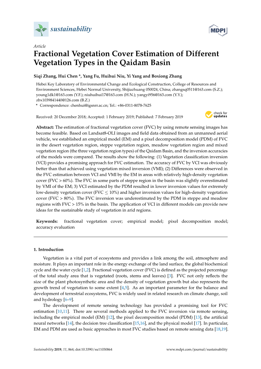 Fractional Vegetation Cover Estimation of Different Vegetation Types in the Qaidam Basin