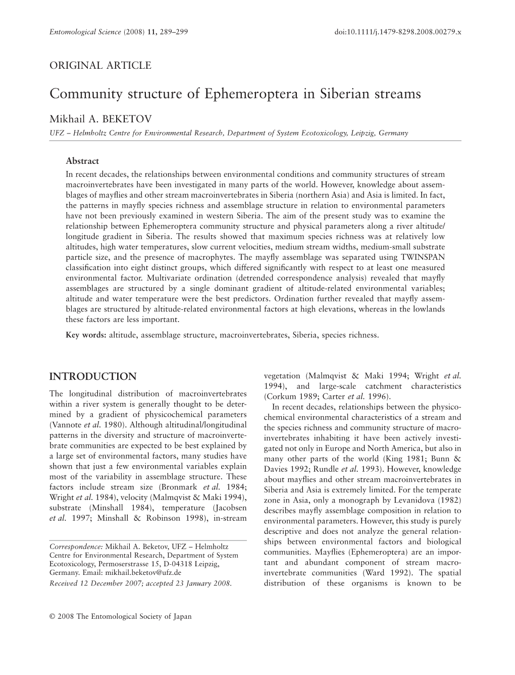 Community Structure of Ephemeroptera in Siberian Streams