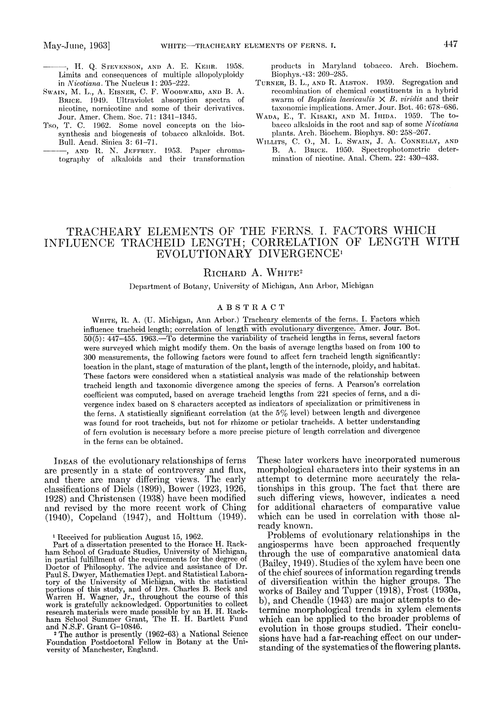 Tracheary Elements of the Ferns. I. Factors Which