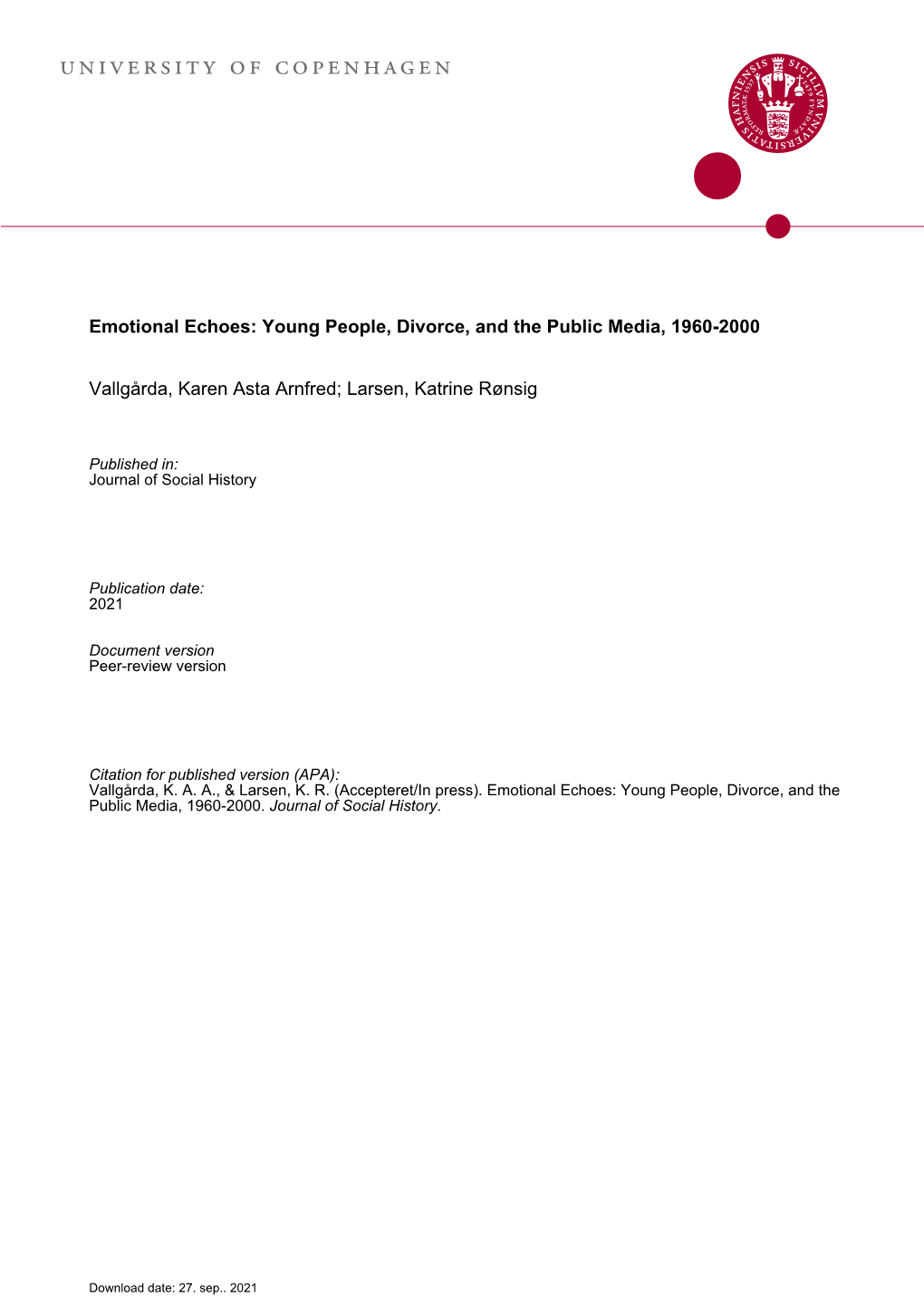 Emotional Echoes: Young People, Divorce, and the Public Media, 1960-2000