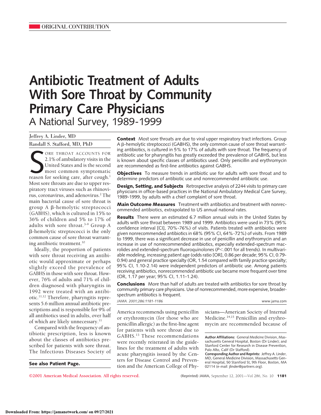 Antibiotic Treatment of Adults with Sore Throat by Community Primary Care Physicians a National Survey, 1989-1999