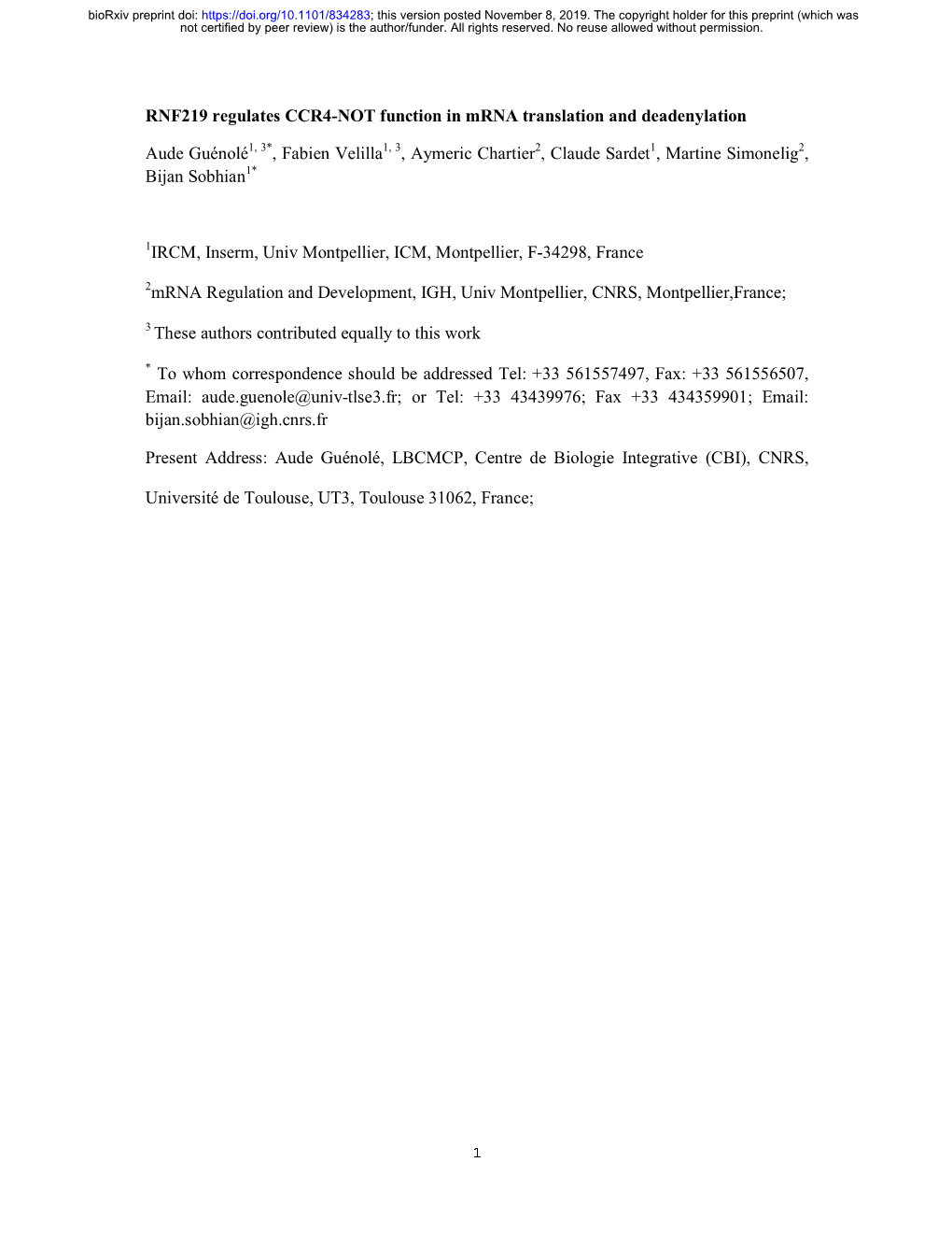 RNF219 Regulates CCR4-NOT Function in Mrna Translation and Deadenylation