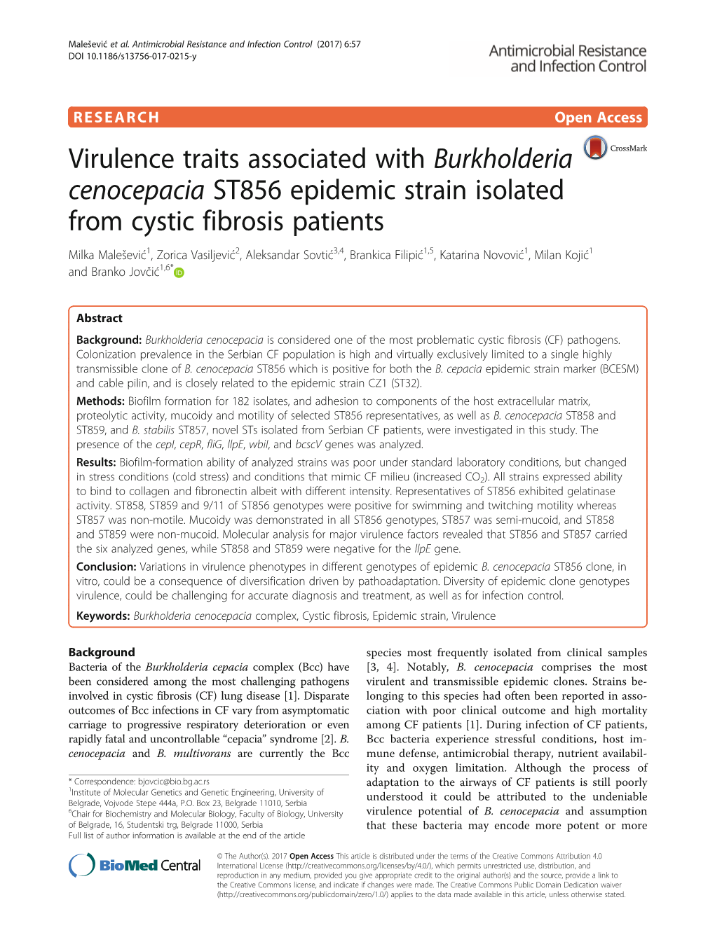 Virulence Traits Associated with Burkholderia Cenocepacia ST856