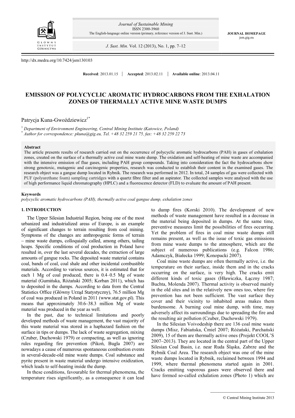 Emission of Polycyclic Aromatic Hydrocarbons from the Exhalation Zones of Thermally Active Mine Waste Dumps