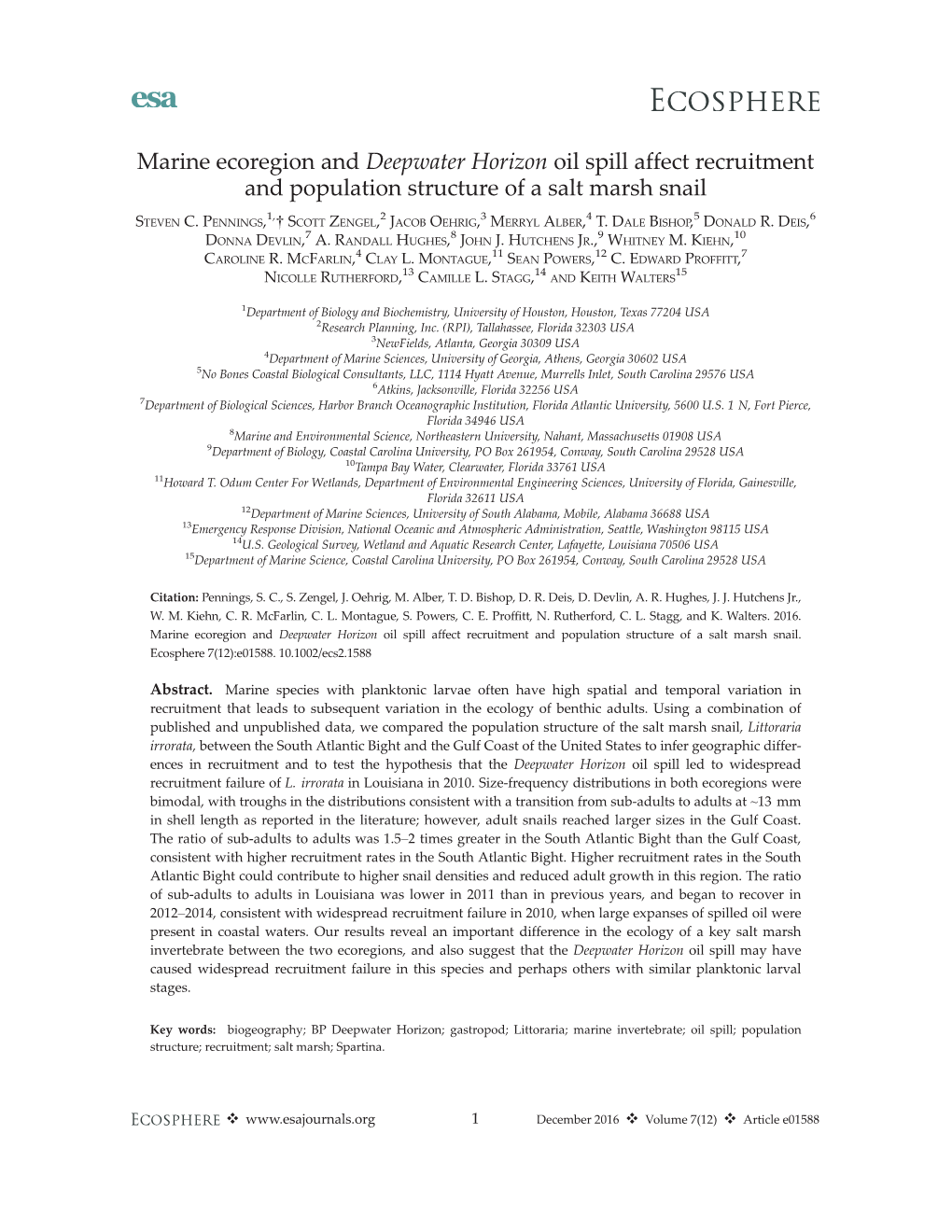 Marine Ecoregion and Deepwater Horizon Oil Spill Affect Recruitment and Population Structure of a Salt Marsh Snail 1, 2 3 4 5 6 STEVEN C