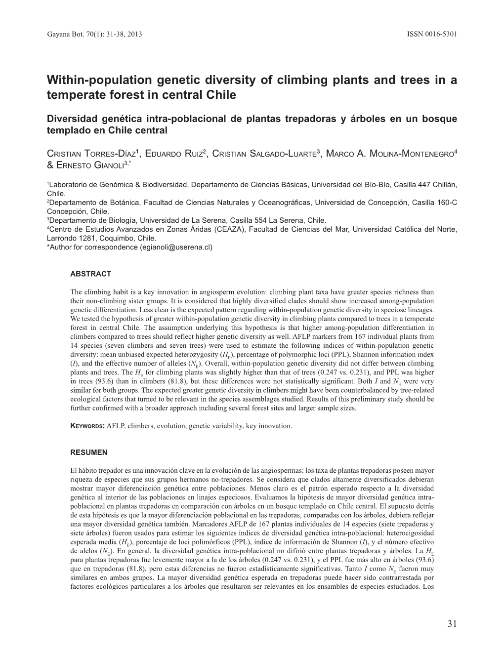 Within-Population Genetic Diversity of Climbing Plants and Trees in a Temperate Forest in Central Chile