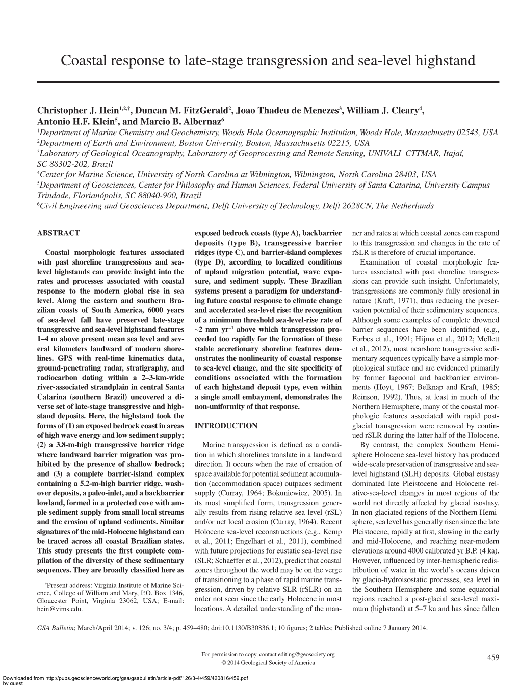 Coastal Response to Late-Stage Transgression and Sea-Level Highstand