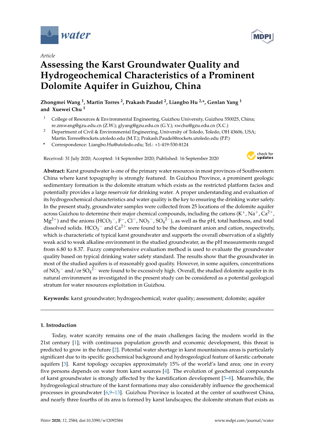 Assessing the Karst Groundwater Quality and Hydrogeochemical Characteristics of a Prominent Dolomite Aquifer in Guizhou, China