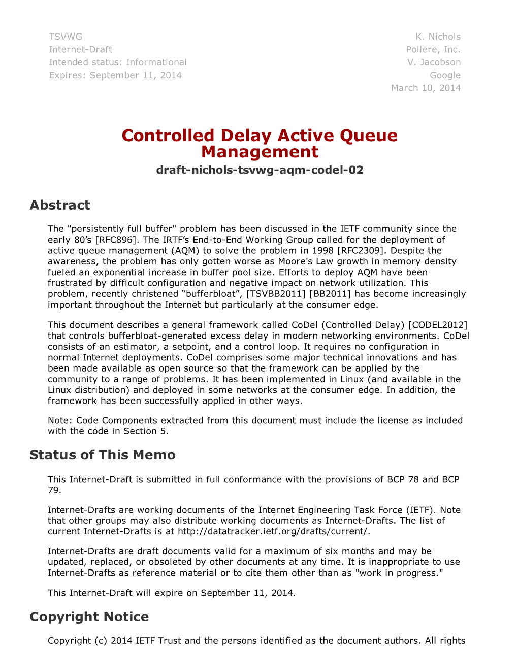 Controlled Delay Active Queue Management Draft­Nichols­Tsvwg­Aqm­Codel­02