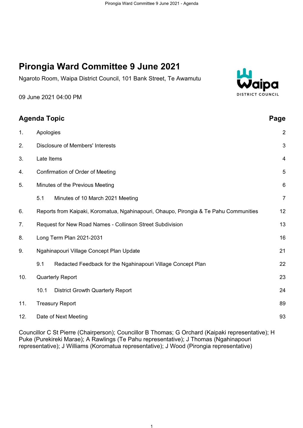 Pirongia Ward Committee Agenda 9 June 2021