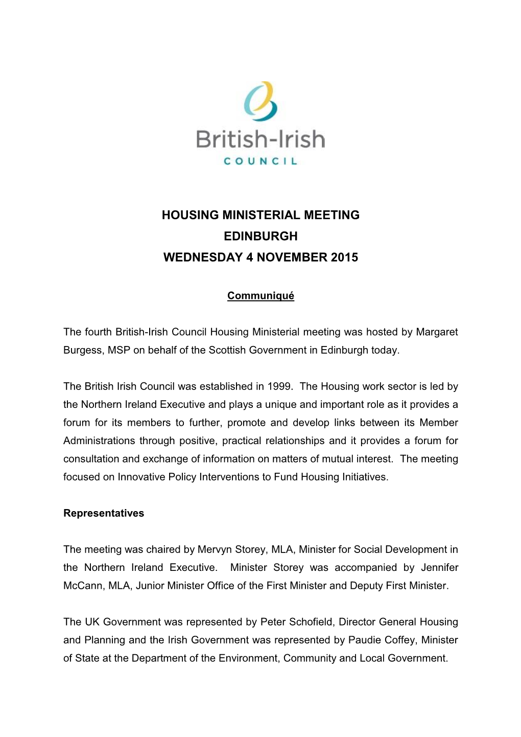 Housing Ministerial Meeting Edinburgh Wednesday 4 November 2015