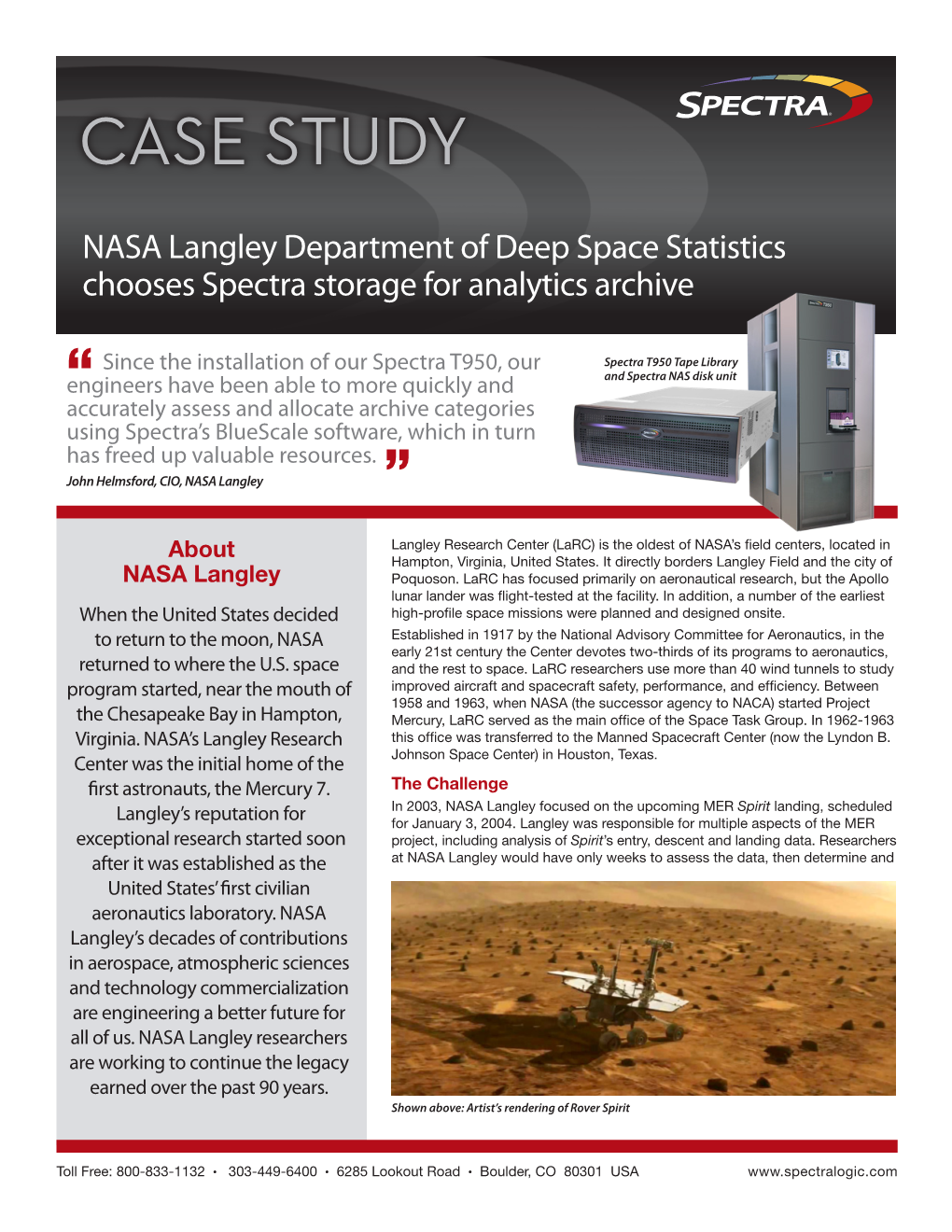 NASA Langley Department of Deep Space Statistics Chooses Spectra Storage for Analytics Archive