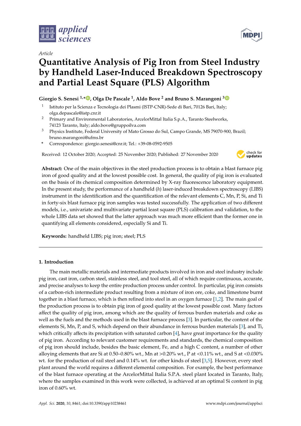 Quantitative Analysis of Pig Iron from Steel Industry by Handheld Laser-Induced Breakdown Spectroscopy and Partial Least Square (PLS) Algorithm