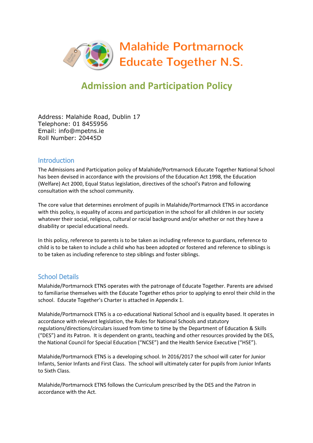 Admission and Participation Policy