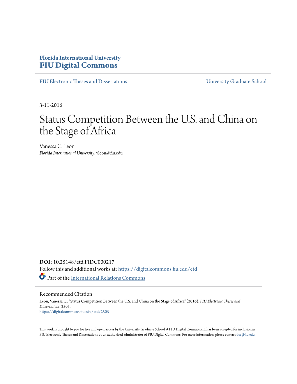 Status Competition Between the U.S. and China on the Stage of Africa Vanessa C
