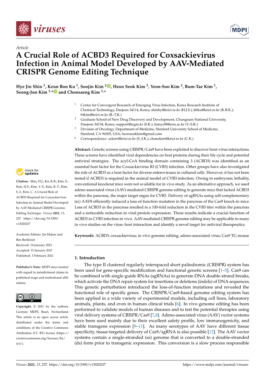 A Crucial Role of ACBD3 Required for Coxsackievirus Infection in Animal Model Developed by AAV-Mediated CRISPR Genome Editing Technique