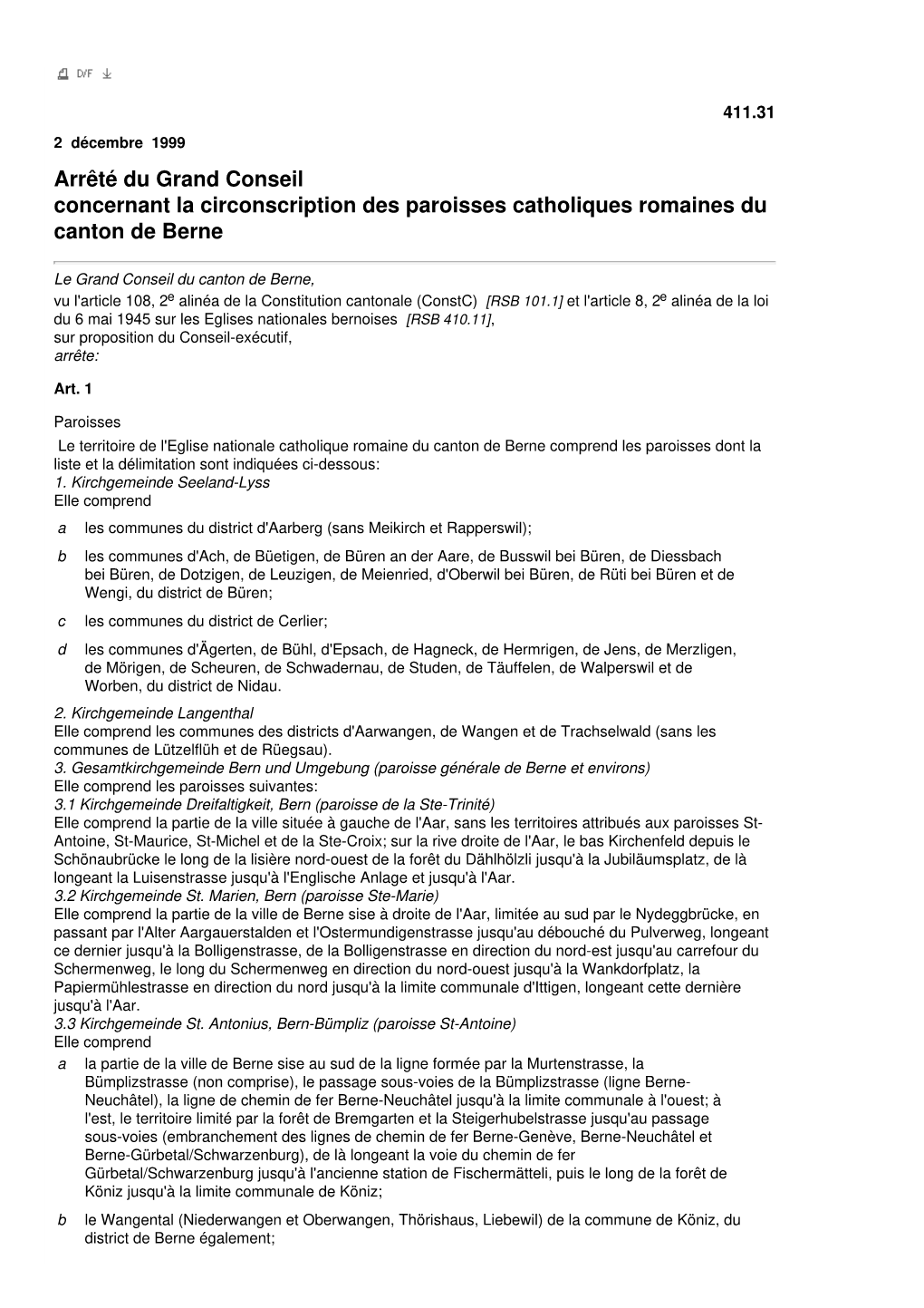 Arrêté Du Grand Conseil Concernant La Circonscription Des Paroisses Catholiques Romaines Du Canton De Berne