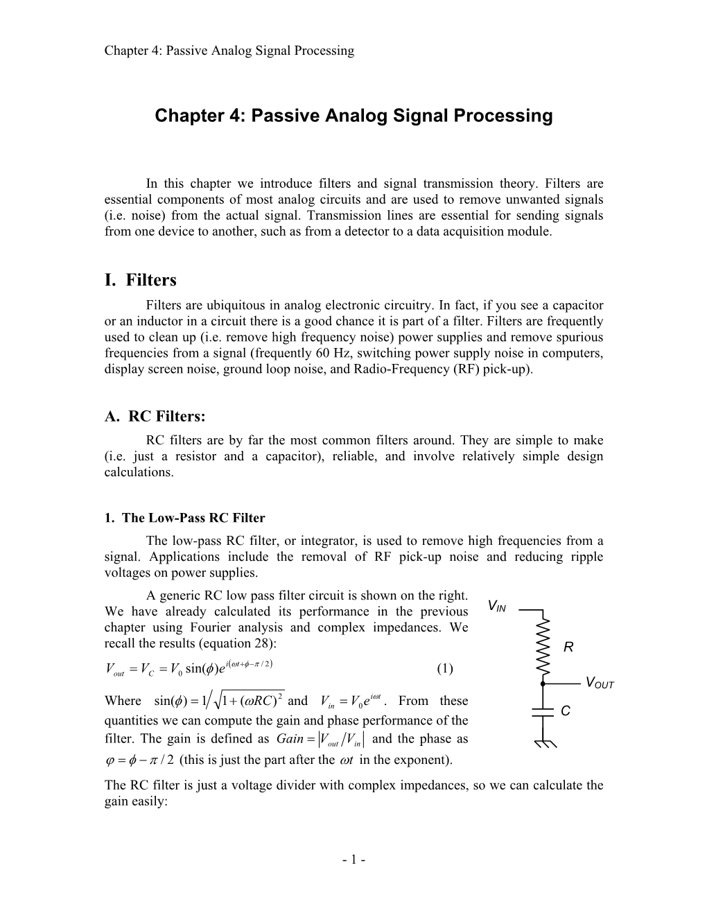 Chapter 4: Passive Analog Signal Processing I. Filters