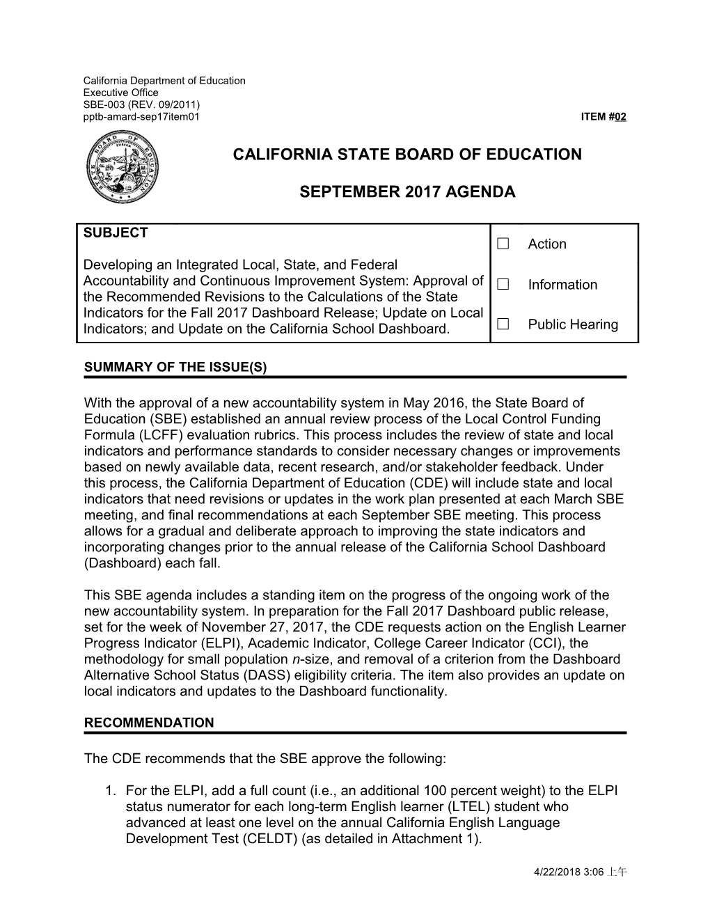 September 2017 Agenda Item 02 - Meeting Agendas (CA State Board of Education)