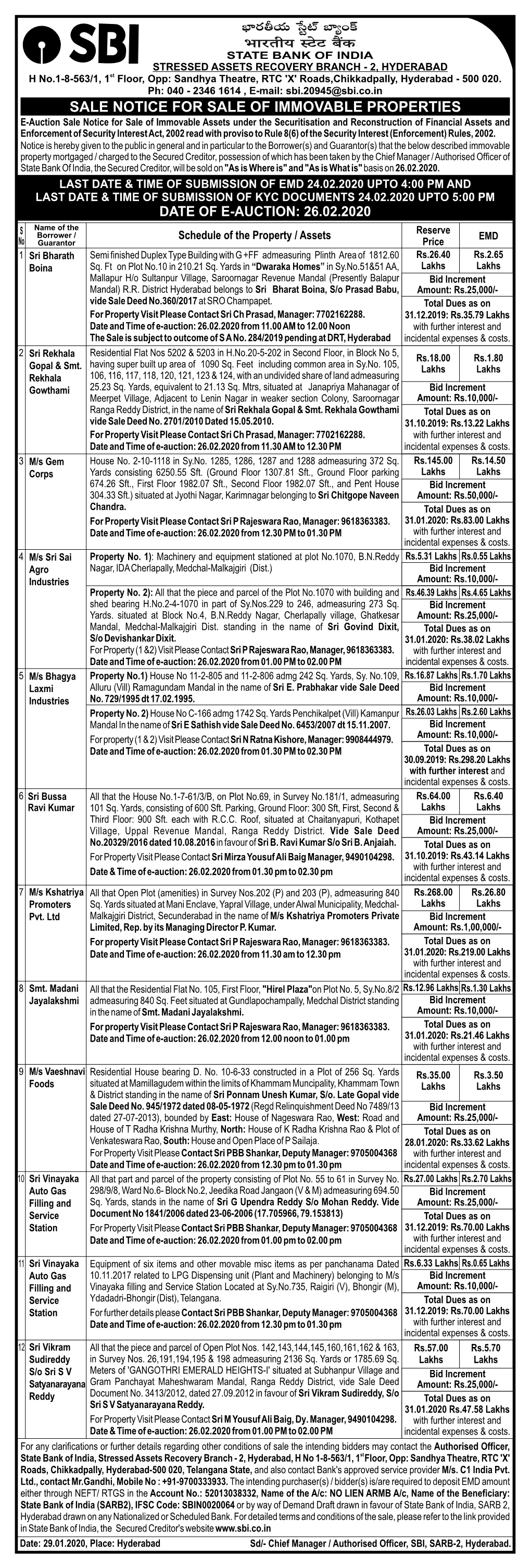 Sale Notice for Sale of Immovable Properties