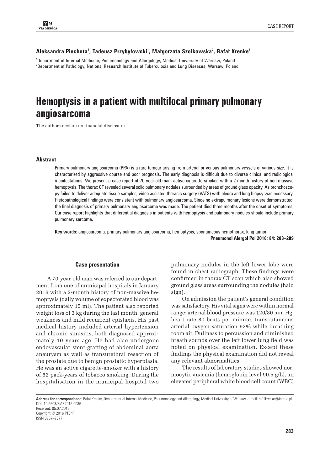 Hemoptysis in a Patient with Multifocal Primary Pulmonary Angiosarcoma