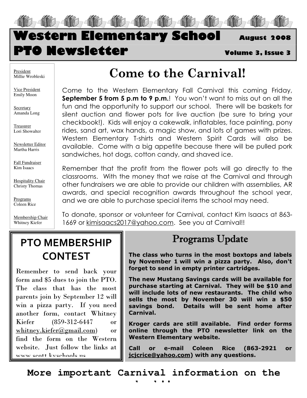 Western Elementary School PTO Newsletter Come to the Carnival!