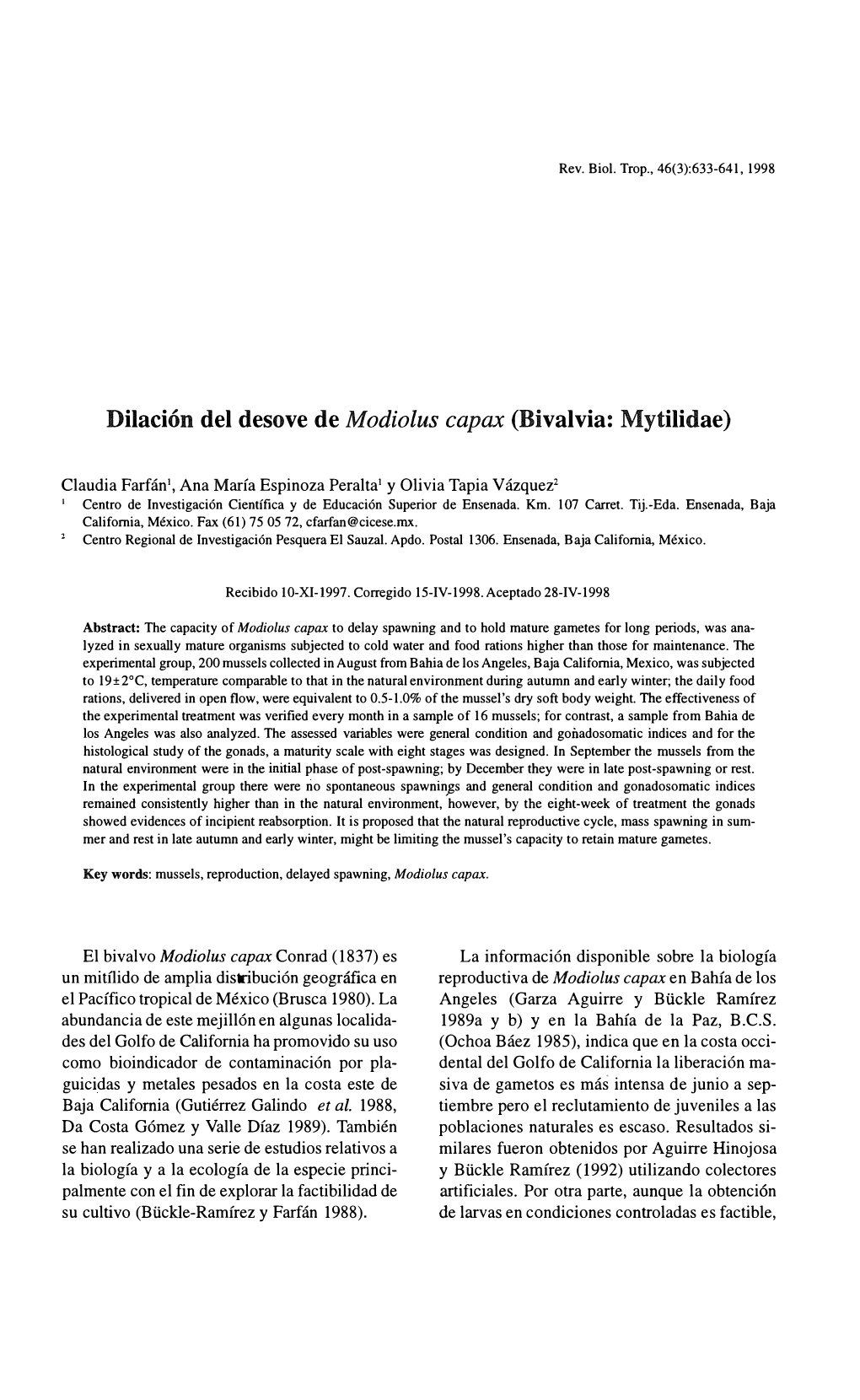 Dilación Del Desove De Modiolus Capax (Bivalvia: Mytilidae)