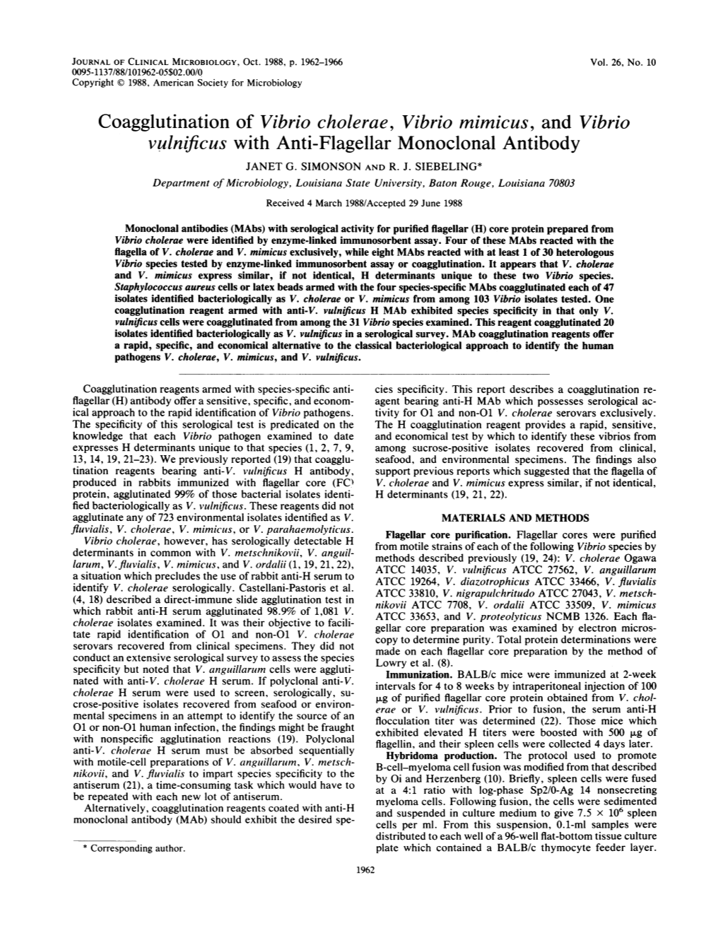 Coagglutination of Vibrio Cholerae, Vibrio Mimicus, and Vibrio Vulnificus with Anti-Flagellar Monoclonal Antibody JANET G
