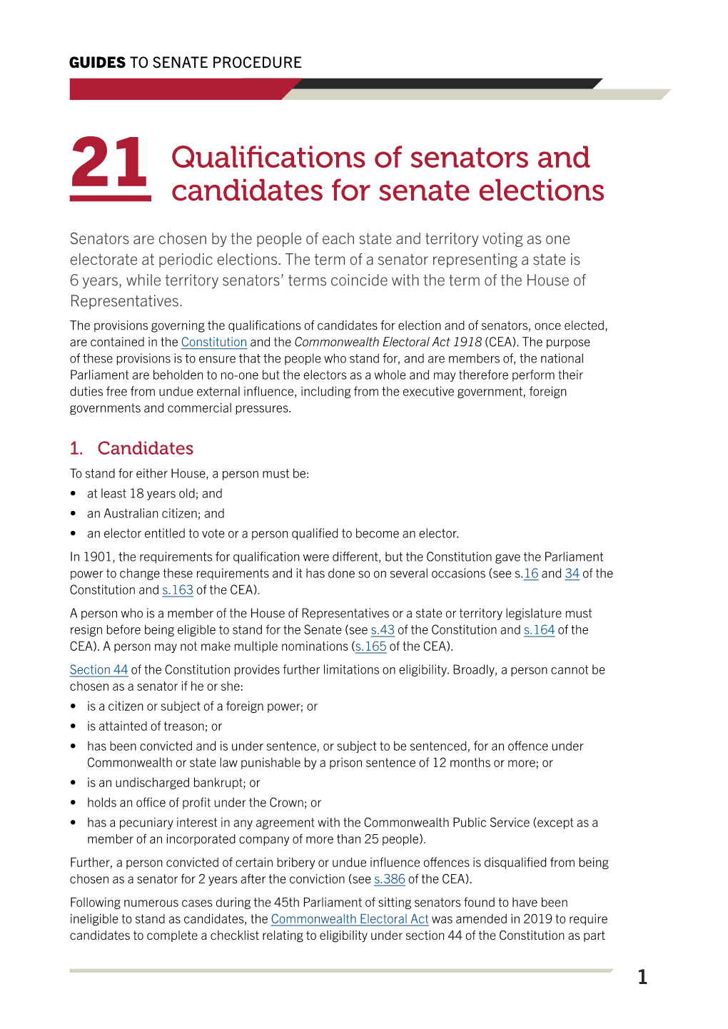 No. 21 Qualifications of Senators and Candidates for Senate Elections