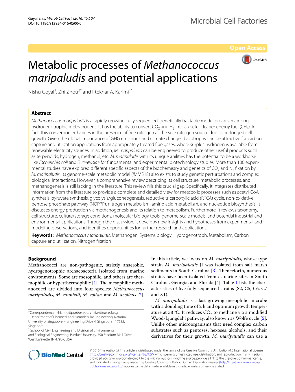 Metabolic Processes of Methanococcus Maripaludis and Potential Applications Nishu Goyal1, Zhi Zhou2* and Iftekhar A