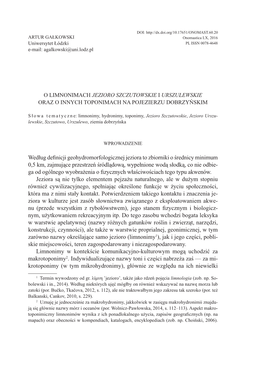 O LIMNONIMACH JEZIORO SZCZUTOWSKIE I URSZULEWSKIE Oraz O Innych Toponimach NA POJEZIERZU DOBRZYŃSKIM