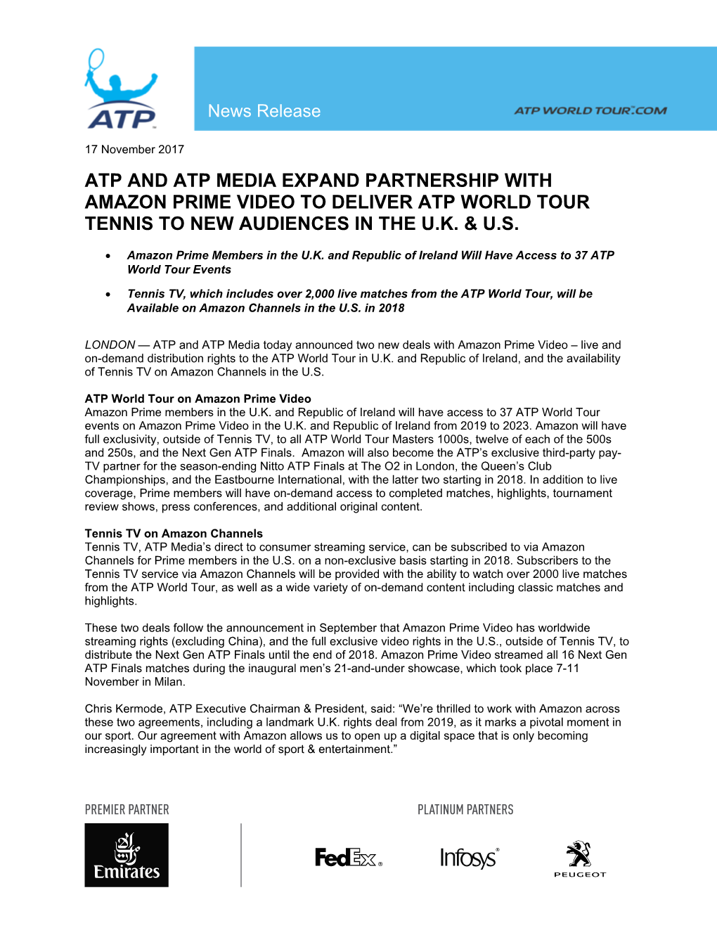 Atp and Atp Media Expand Partnership with Amazon Prime Video to Deliver Atp World Tour Tennis to New Audiences in the U.K