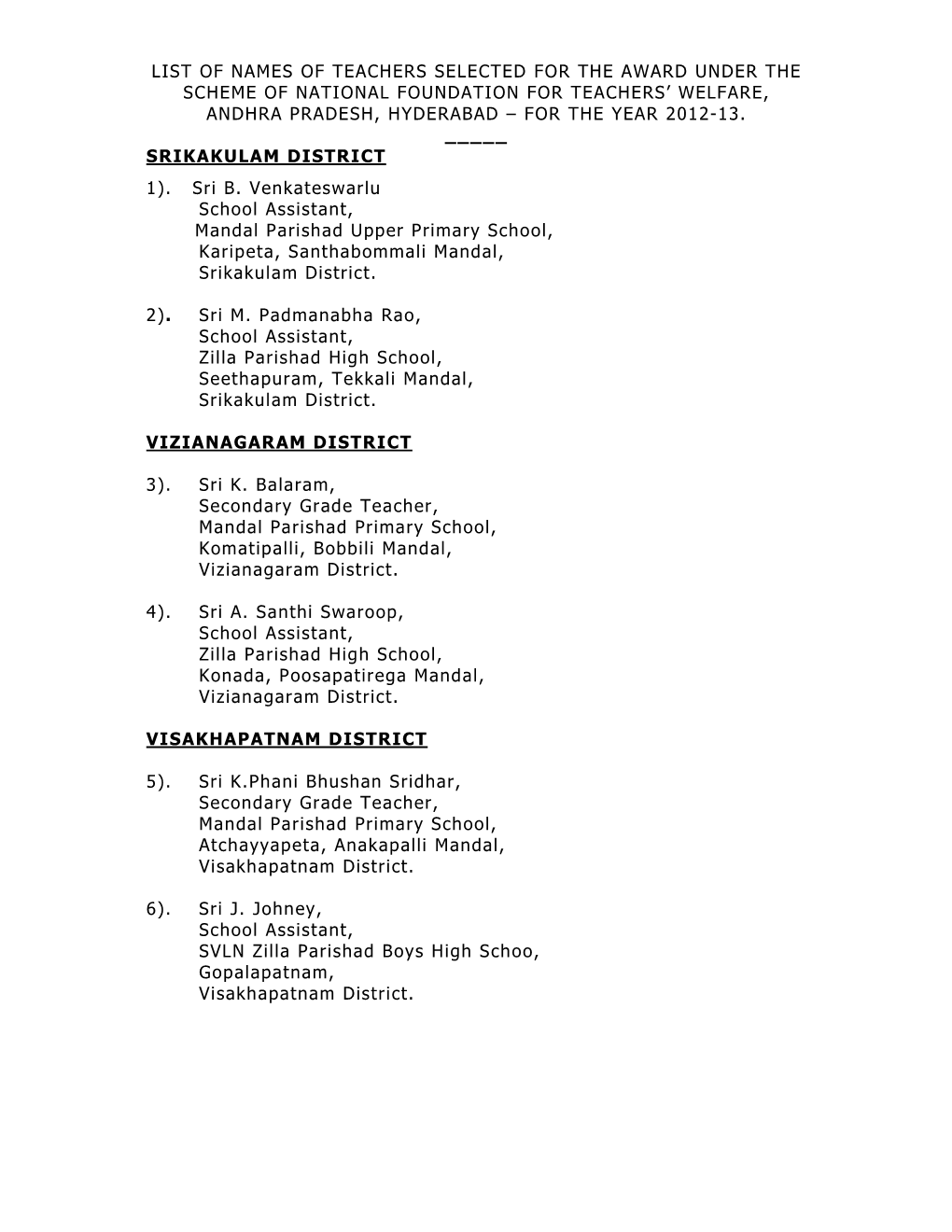 List of Names of Teachers Selected for the Award Under the Scheme of National Foundation for Teachers’ Welfare, Andhra Pradesh, Hyderabad – for the Year 2012-13