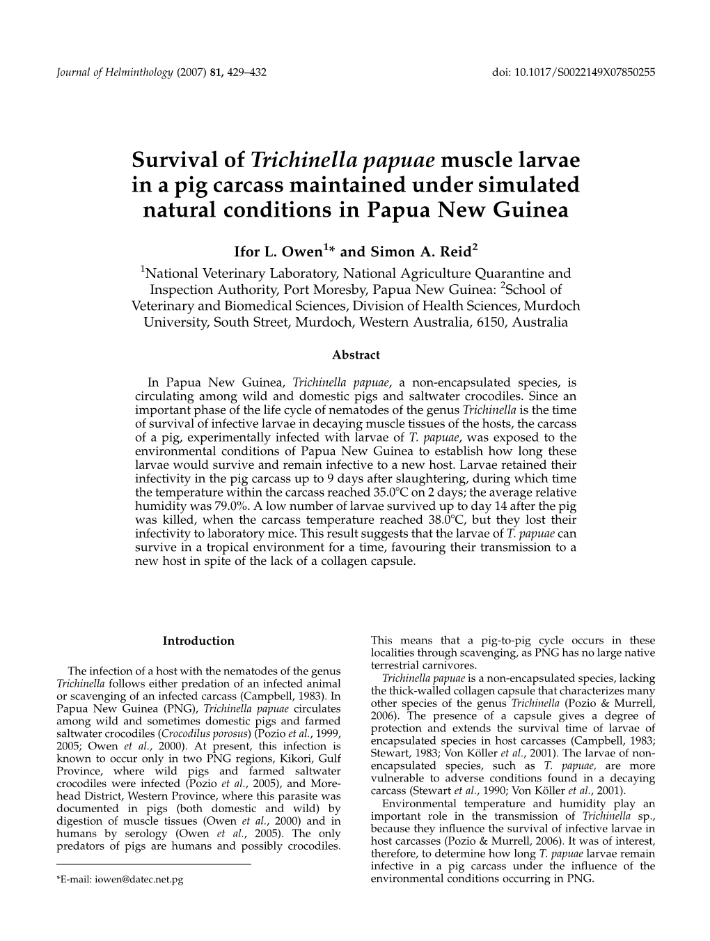 Survival of Trichinella Papuae Muscle Larvae in a Pig Carcass Maintained Under Simulated Natural Conditions in Papua New Guinea