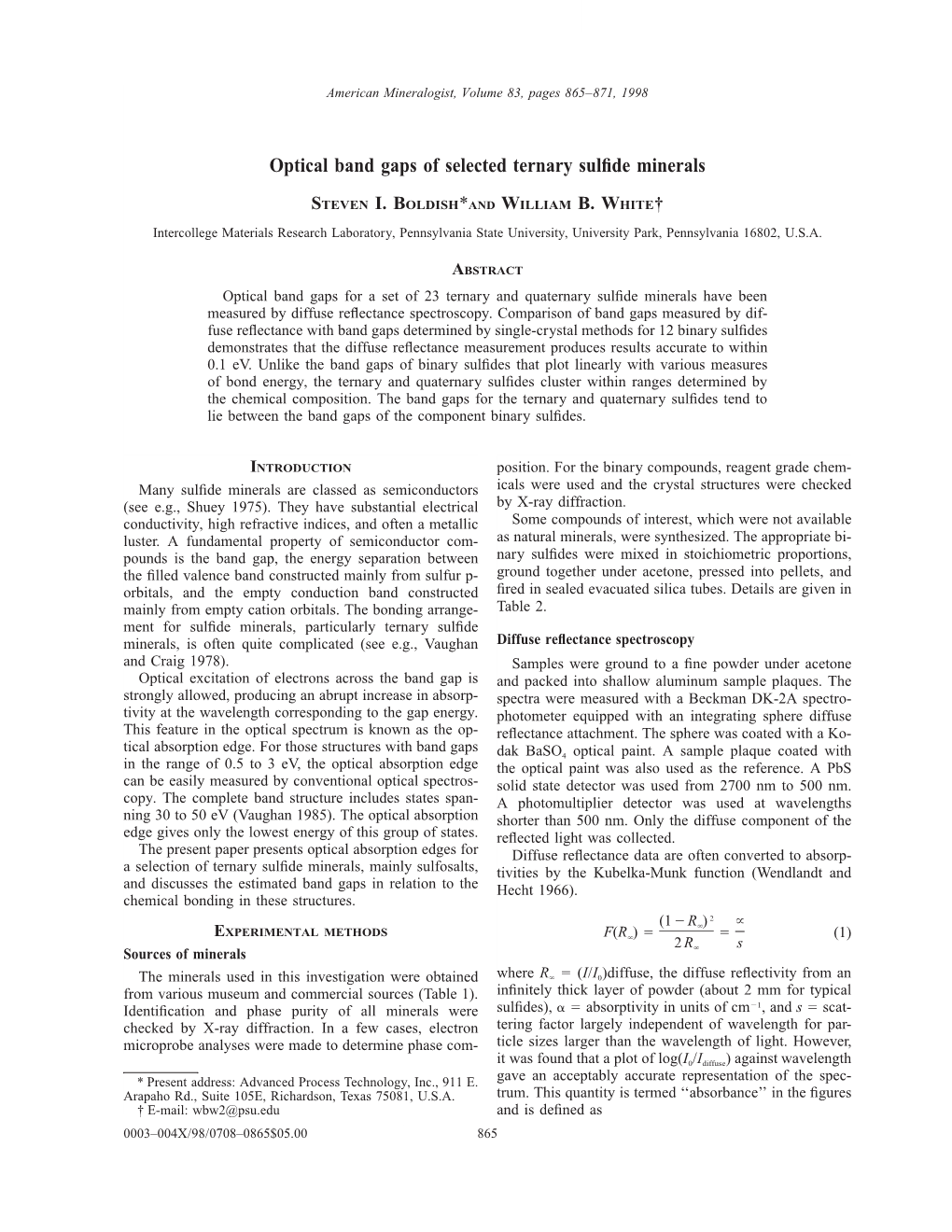 Optical Band Gaps of Selected Ternary Sulfide Minerals