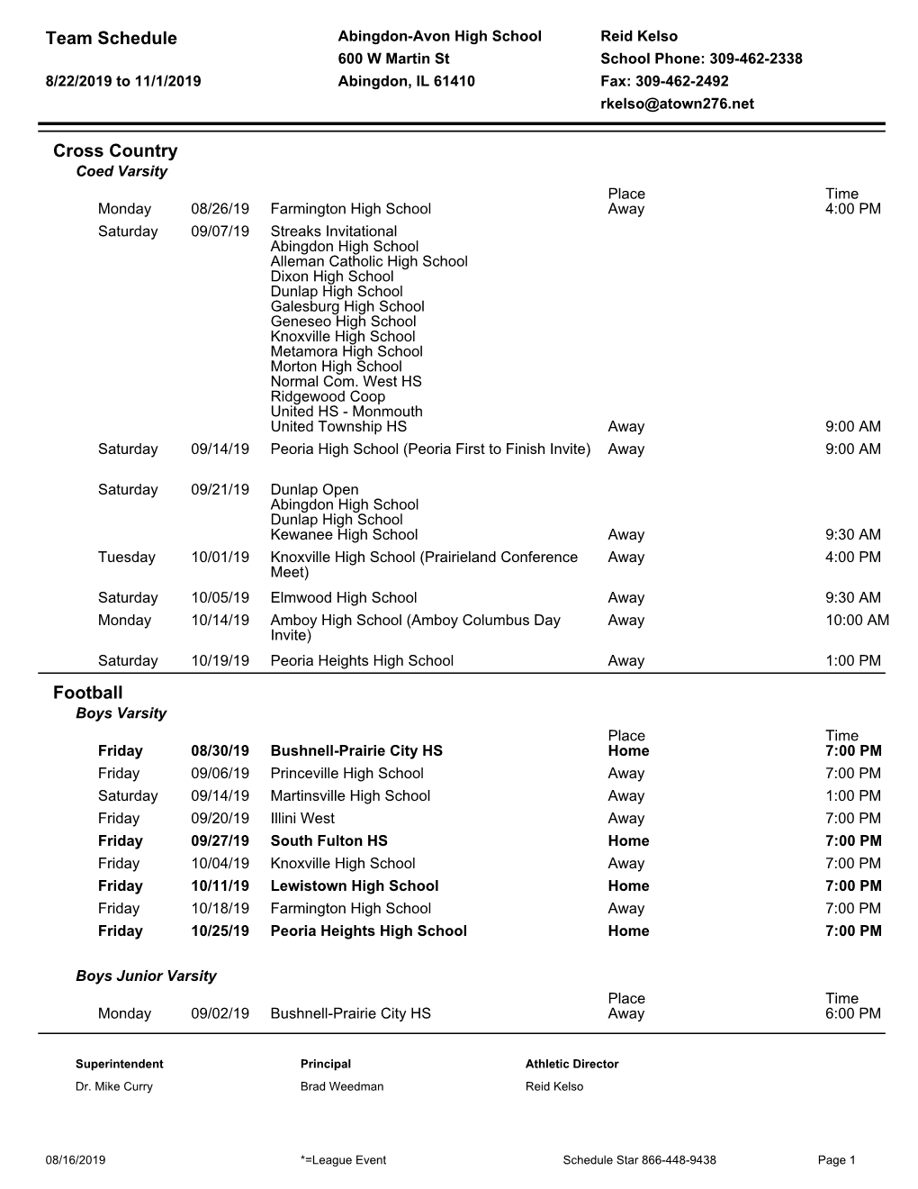 Team Schedule Cross Country Football