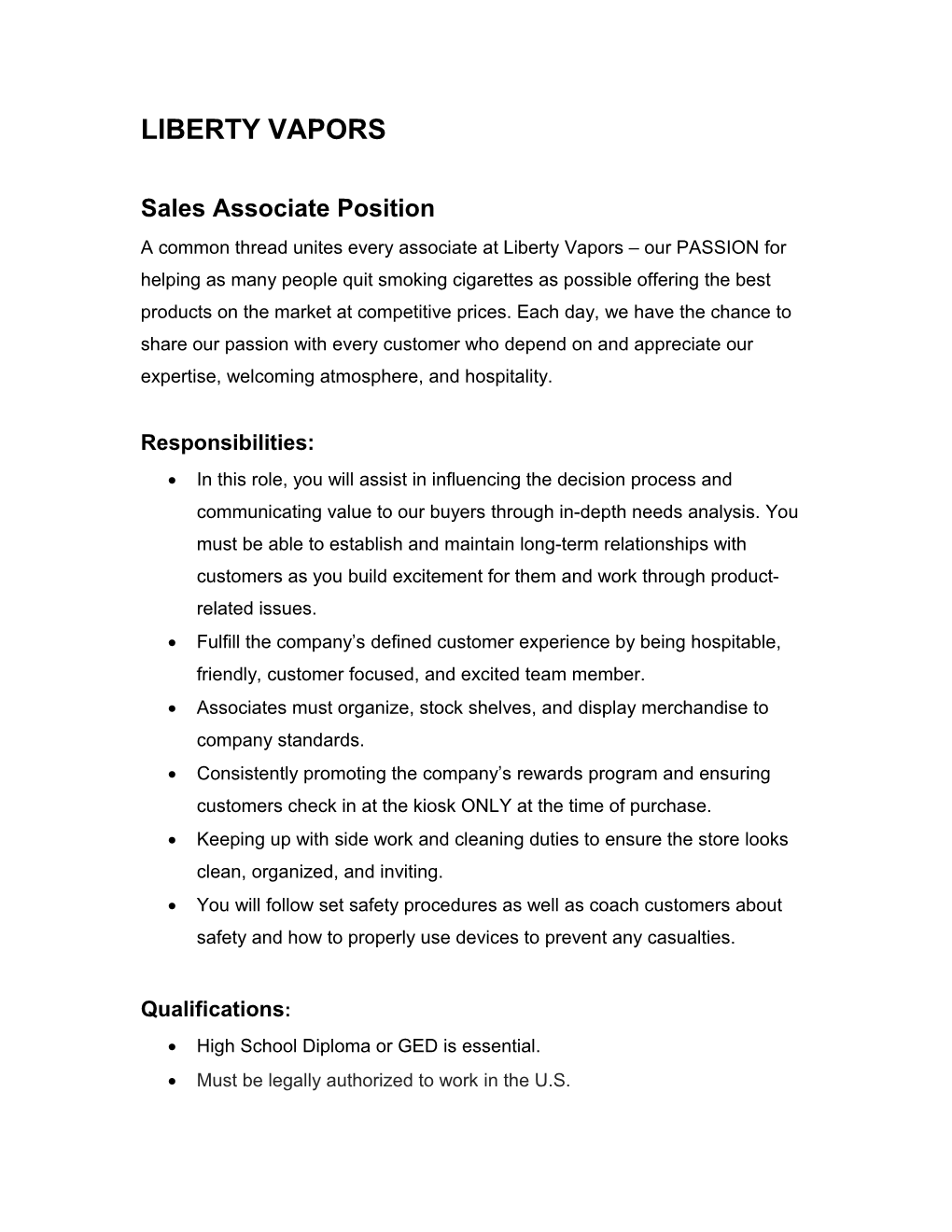 Sales Associate Position