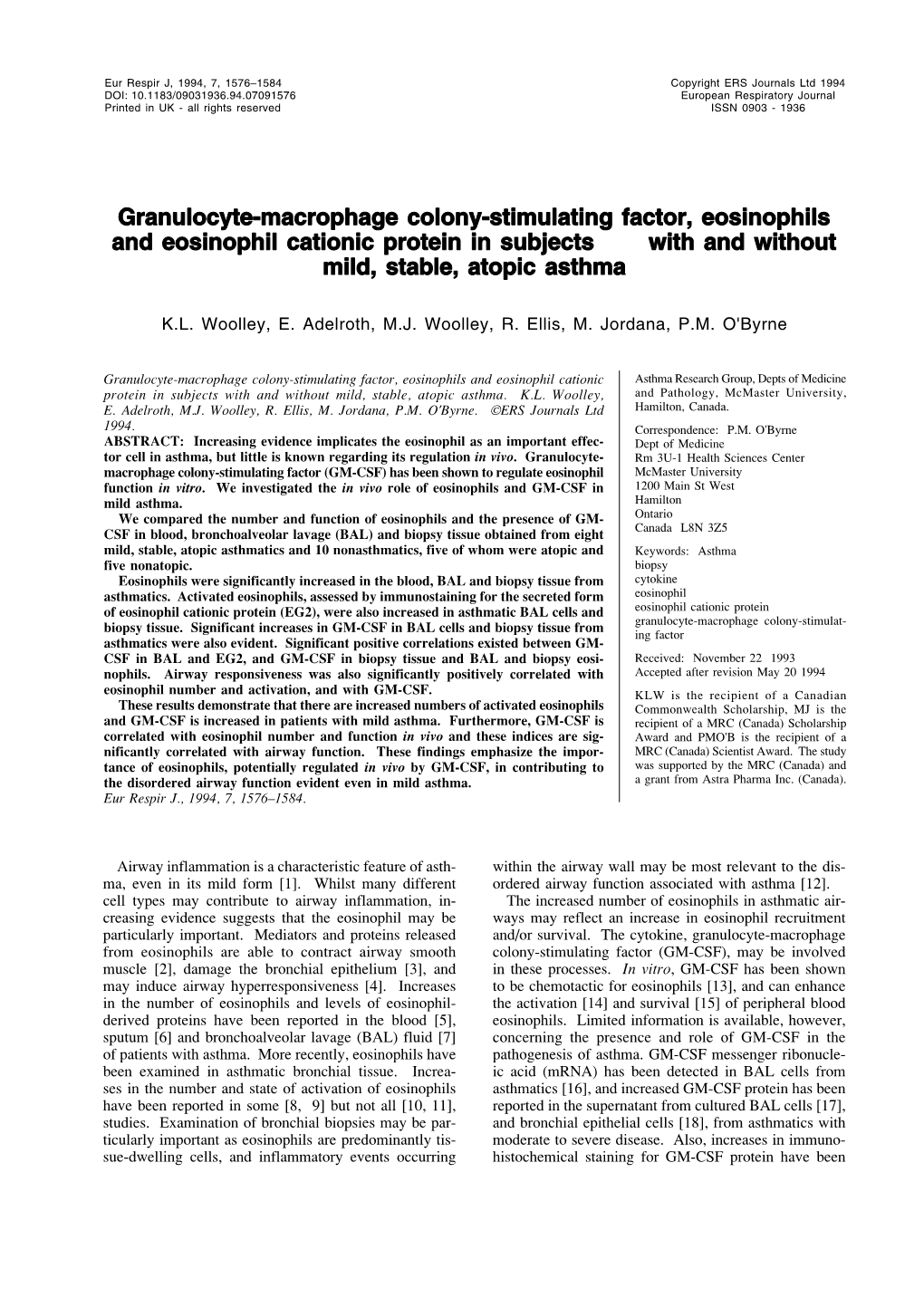 Granulocyte-Macrophage Colony-Stimulating Factor, Eosinophils and Eosinophil Cationic Protein in Subjects with and Without Mild, Stable, Atopic Asthma