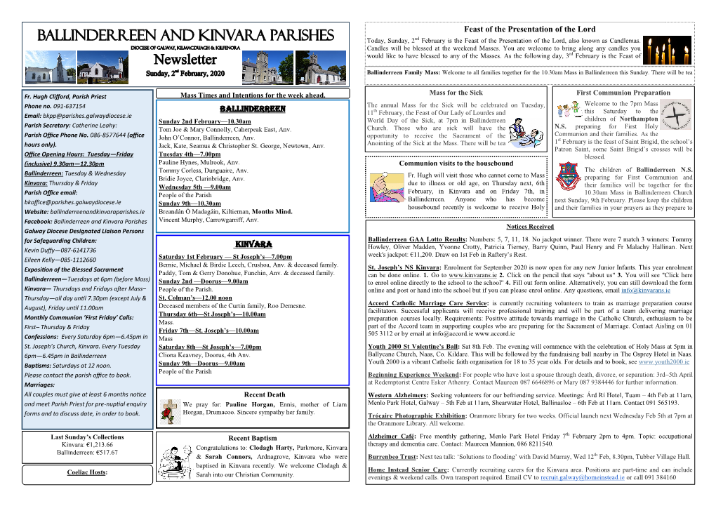 Newsletter BALLINDERREEN and KINVARA PARISHES