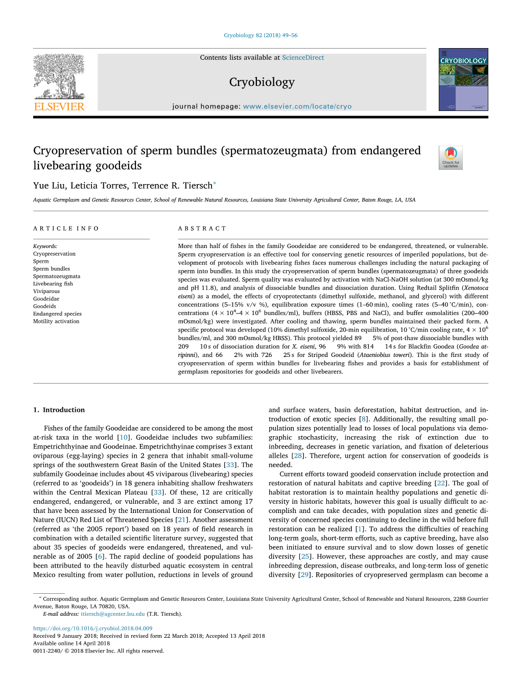 Cryopreservation of Sperm Bundles (Spermatozeugmata) from Endangered T Livebearing Goodeids