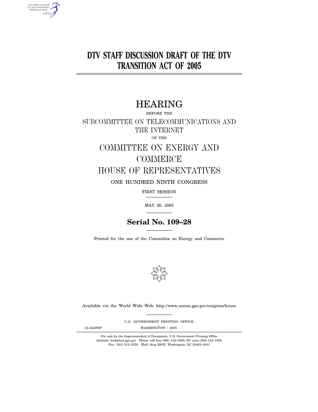 Dtv Staff Discussion Draft of the Dtv Transition Act of 2005 Hearing