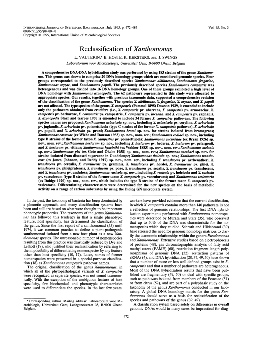 Reclassification of Xanthomonas