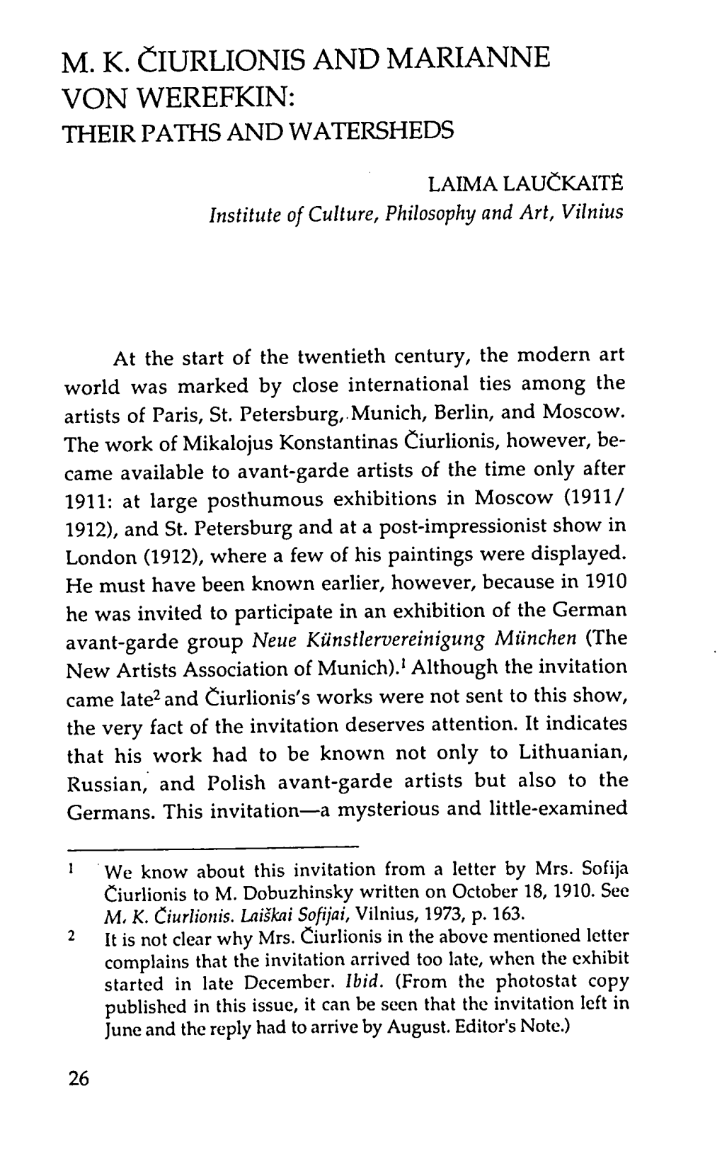 M. K. Čiurlionis and Marianne Von Werefkin: Their Paths and Watersheds