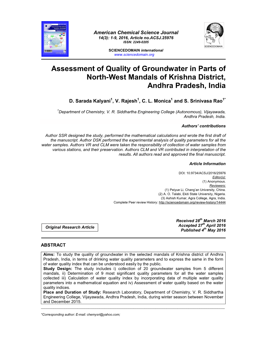 Assessment of Quality of Groundwater in Parts of North-West Mandals of Krishna District, Andhra Pradesh, India