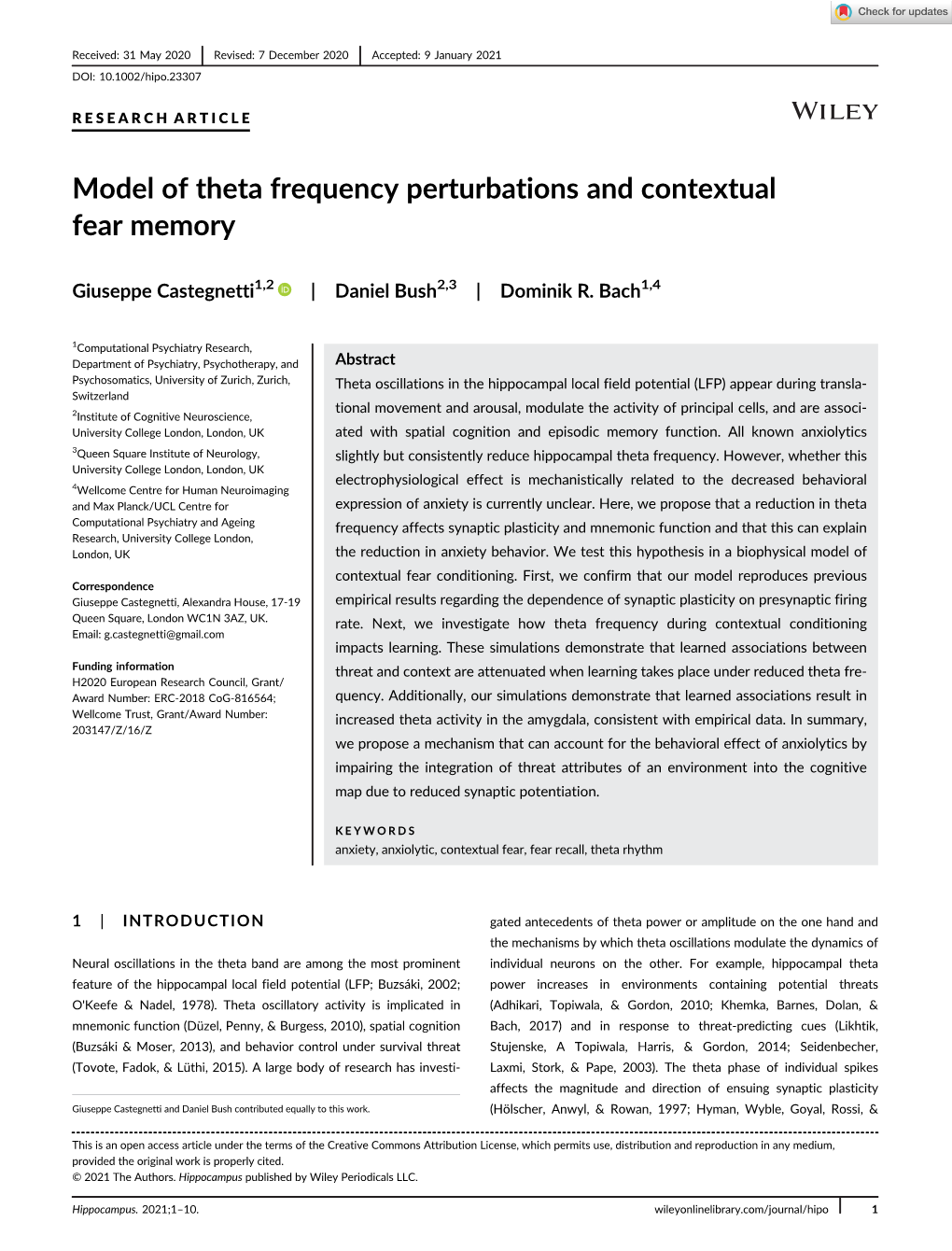 Model of Theta Frequency Perturbations and Contextual Fear Memory