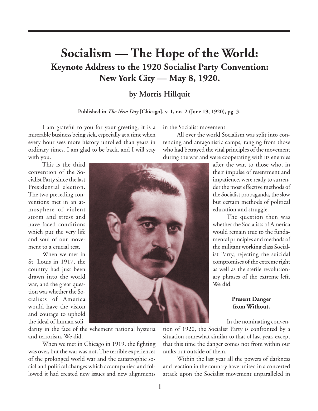 Socialism—The Hope of the World: Keynote Address to the 1920