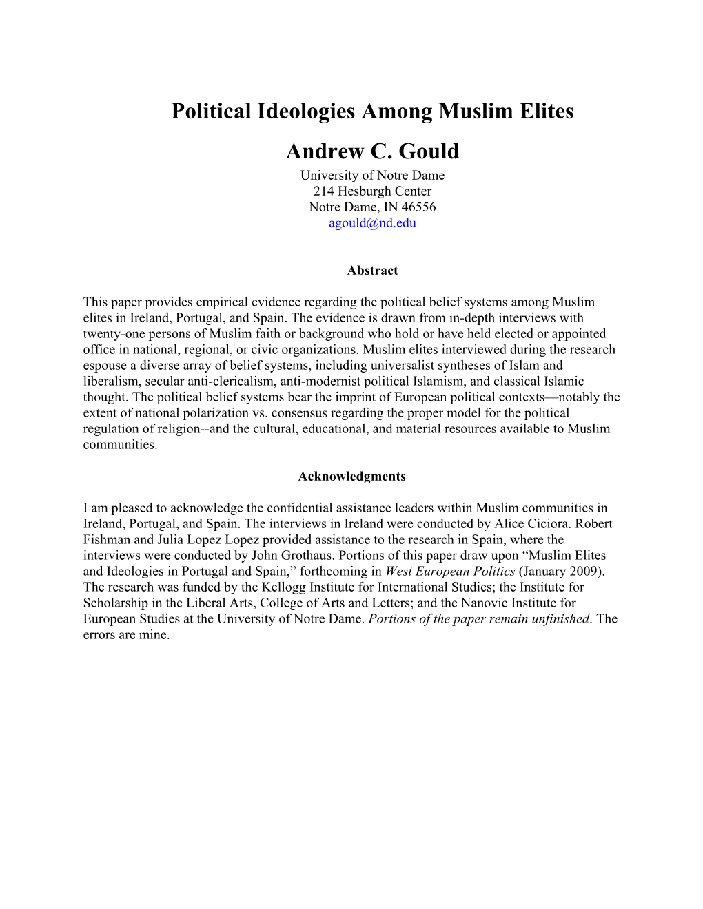 Political Ideologies Among Muslim Elites Andrew C